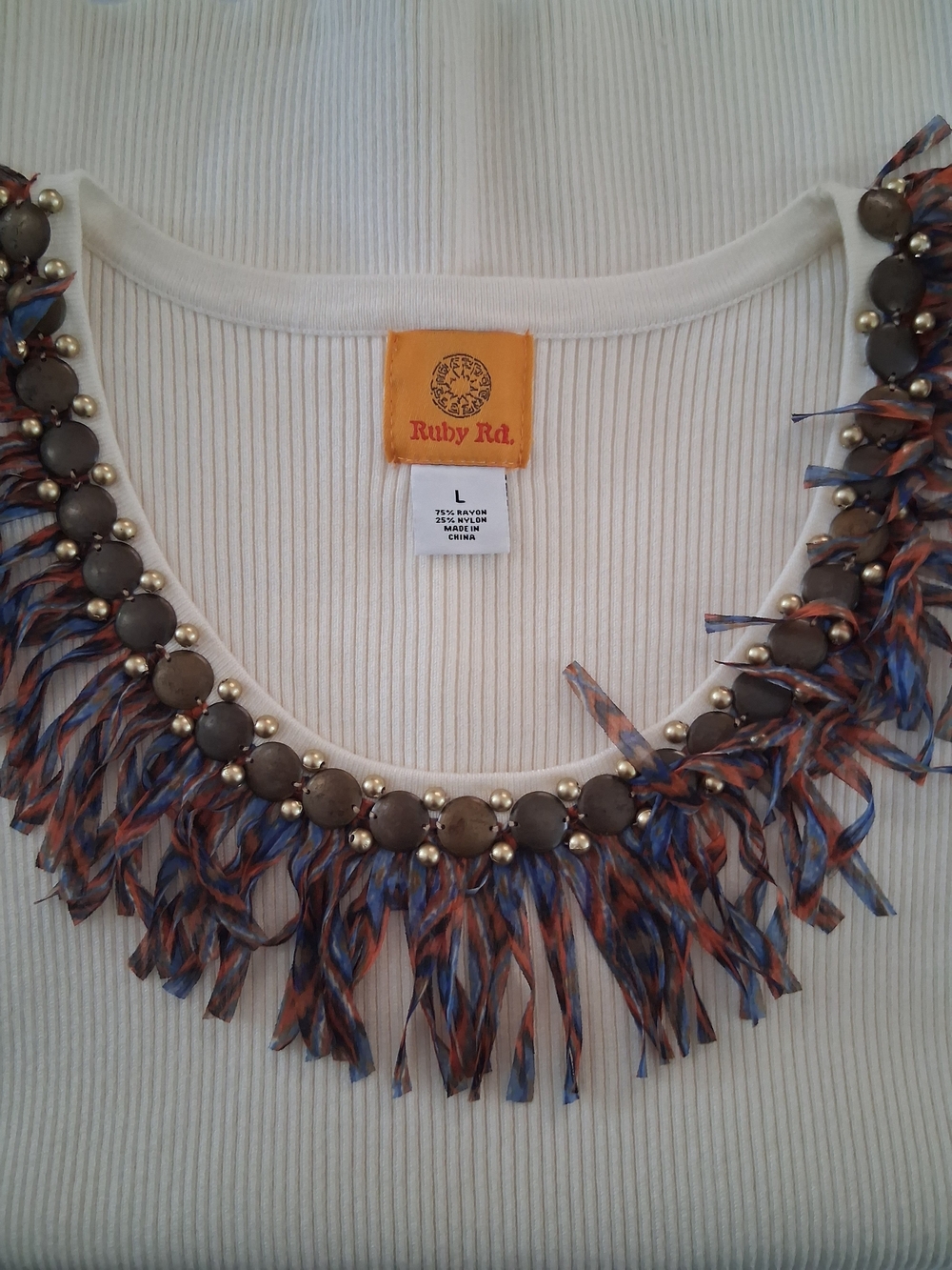 Ruby Rd. Cream Ribbed Tank with Beaded Fringe Neckline - Picture 3 of 7